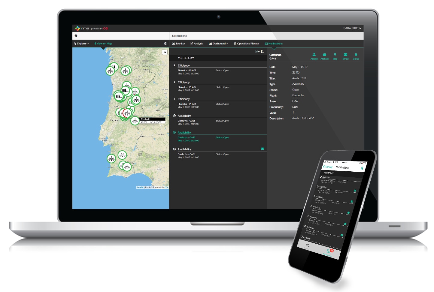 RMS solution shown on laptop screen and mobile device