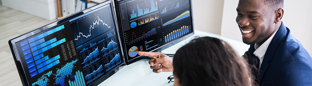 Two consultants looking at data together on 2 monitors Two consultants looking at data together on 2 monitors