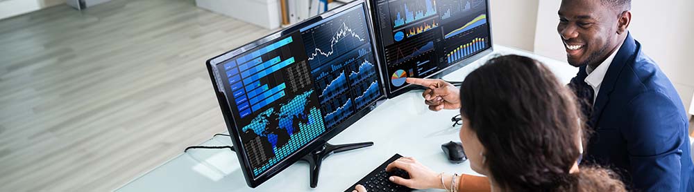 Two consultants discussing data displayed on computer screens