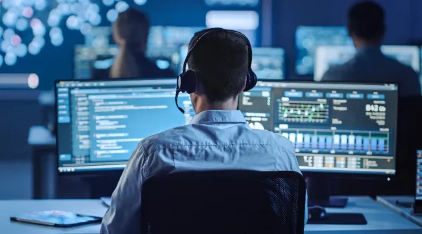 An IT professional monitors critical systems in a secure operations centre