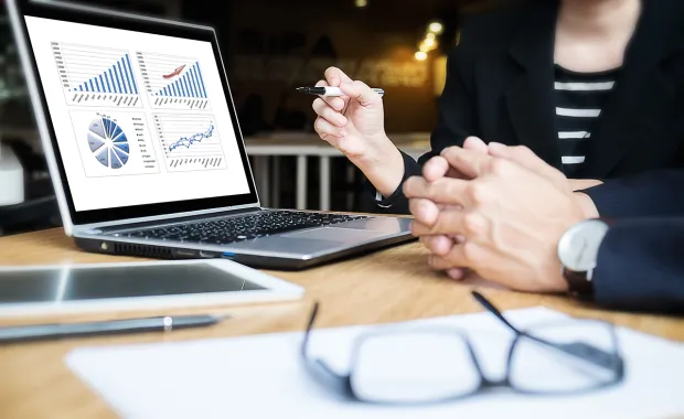 CFO consultant at monitor displaying financial information