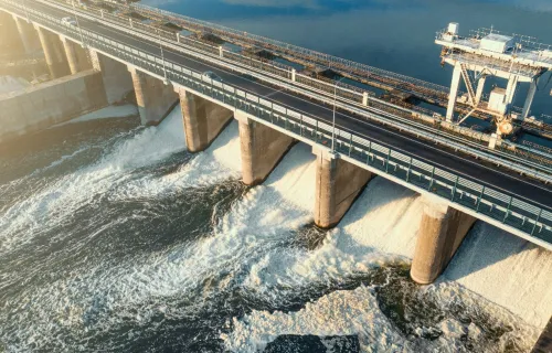 aerial view of a dam generating water power