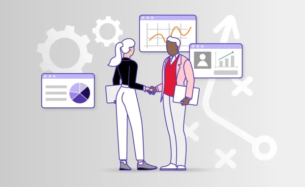 illustration of colleagues discussing numbers