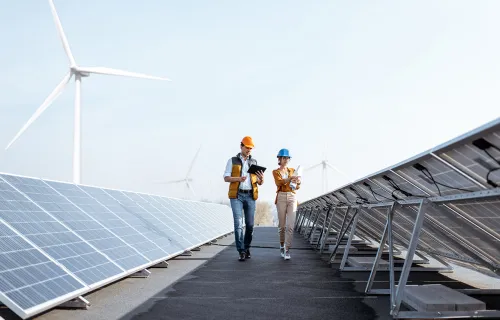 Two people walking between rows of solar panels