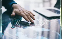 Man touching digital global map