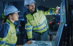 Project engineer talks to operator who controls facility production line